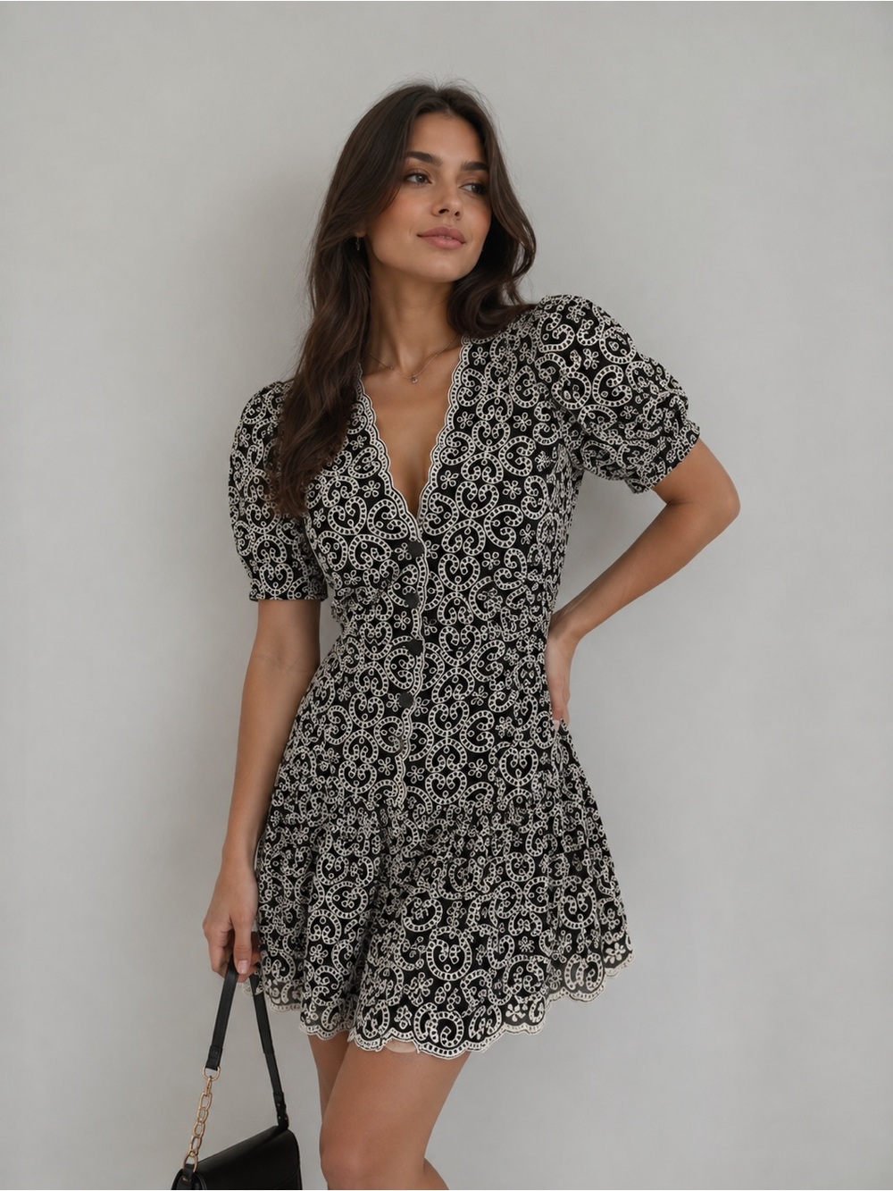 Sandro Angeles Embroidered Guipure Mini Dress Black Ivory L